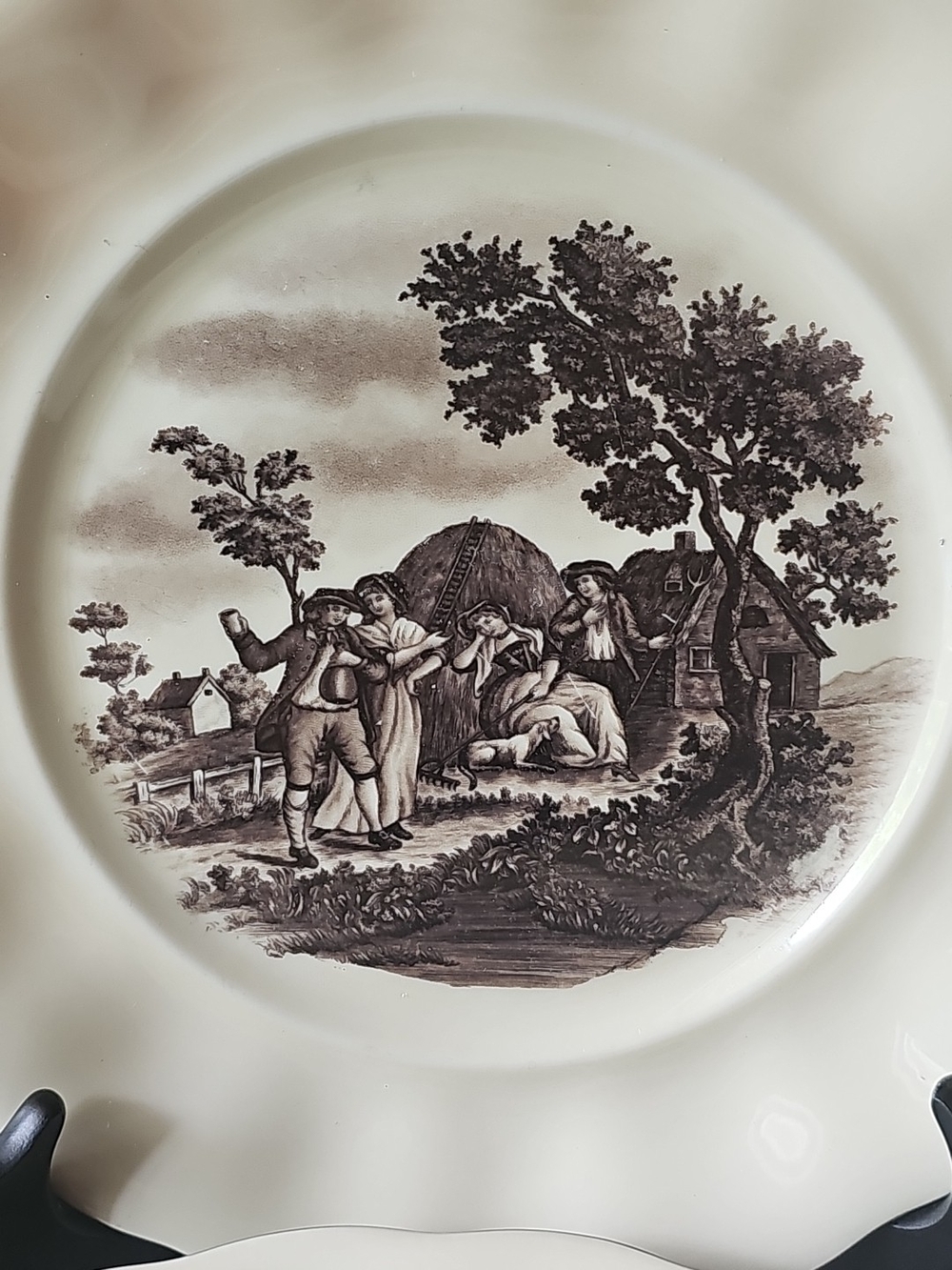 Vintage Beige Dinner Plates with Brown Scenic Transferware, Set Of 2 - Picture 2 of 6